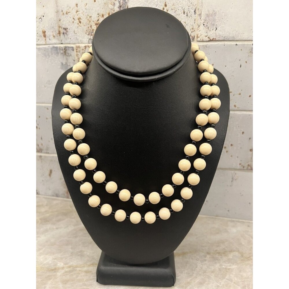 Vintage Signed Les Bernard Double Strand Beaded Choker Cream Black Goldtone